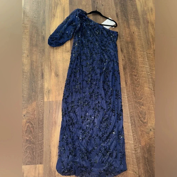 Mac Duggal New One Shoulder Puff Sleeve Embellished Column Gown 14 - Picture 4 of 7